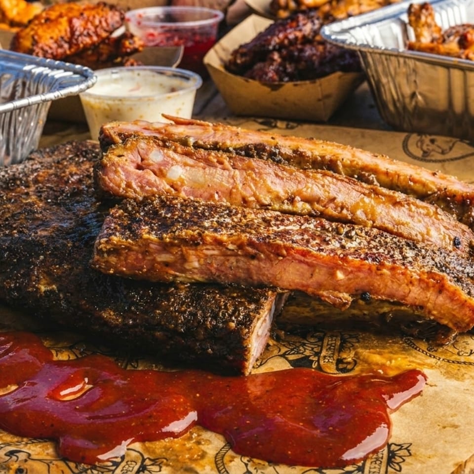 Smoked brisket and ribs with barbecue sauce, wings, and other sides on a wooden table.