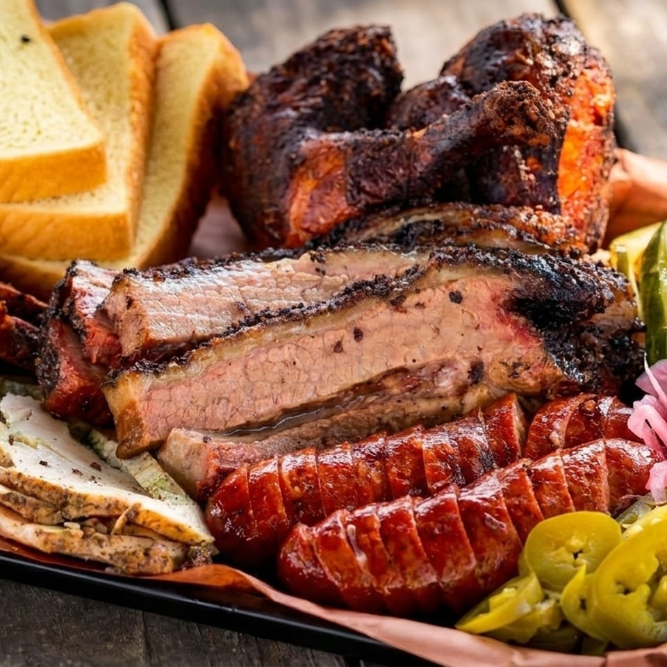 A platter of barbecue meats including brisket, sausage, chicken, pulled pork, and turkey with pickles and bread.